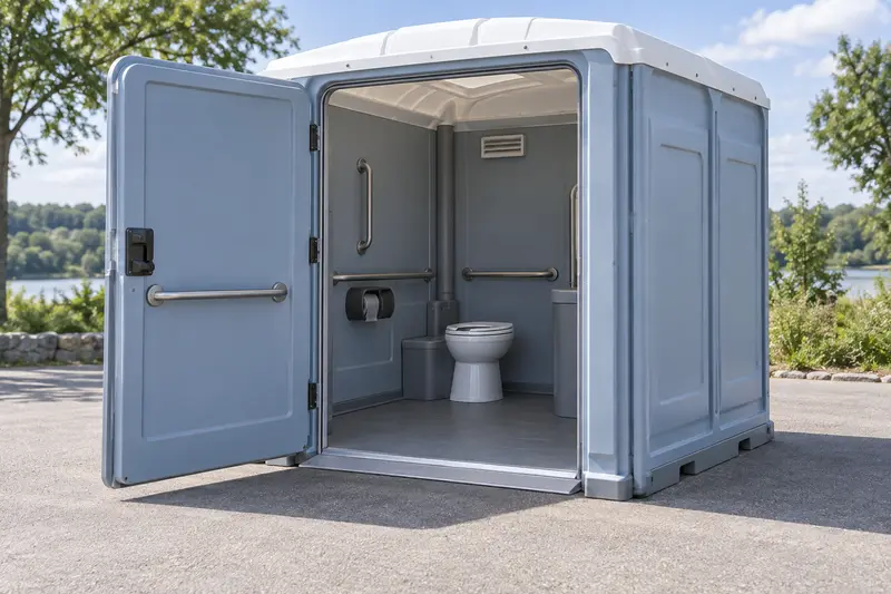 Accessible portable toilet with entrance visible